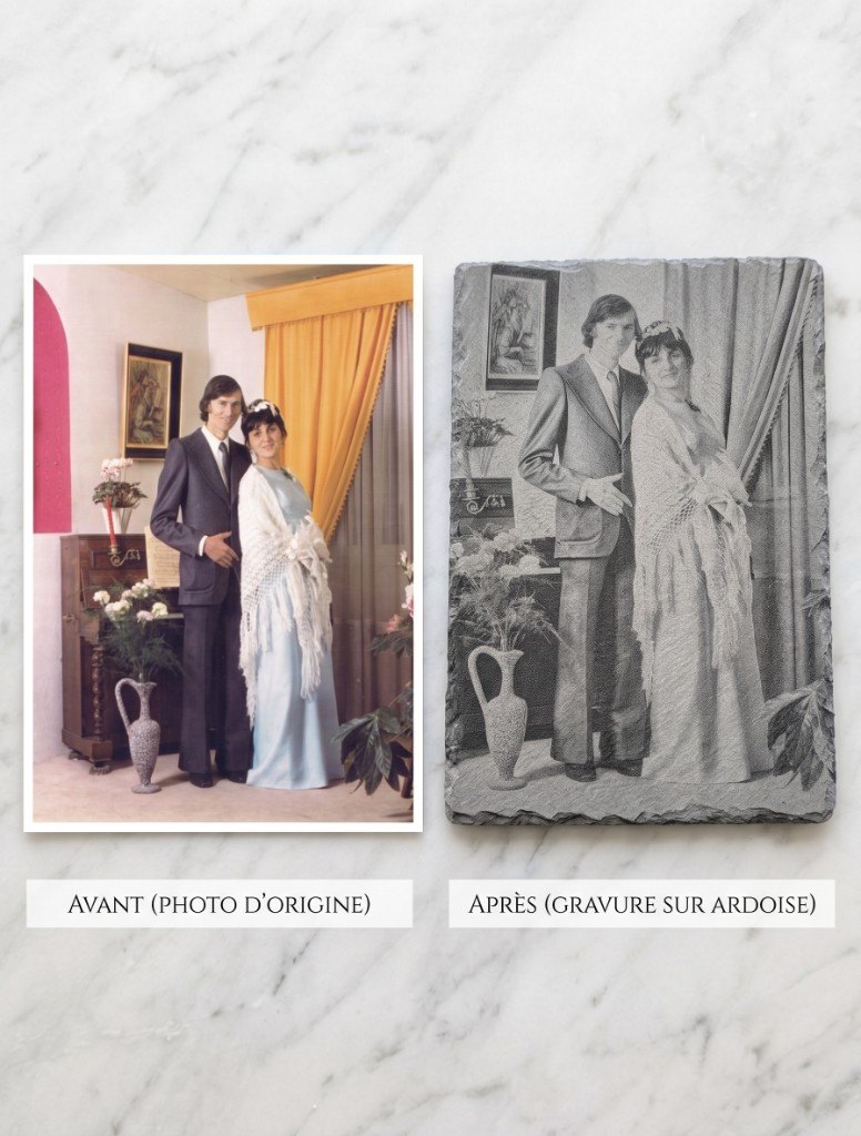Avant : la photo d’origine. Après : la même image gravée sur ardoise.
